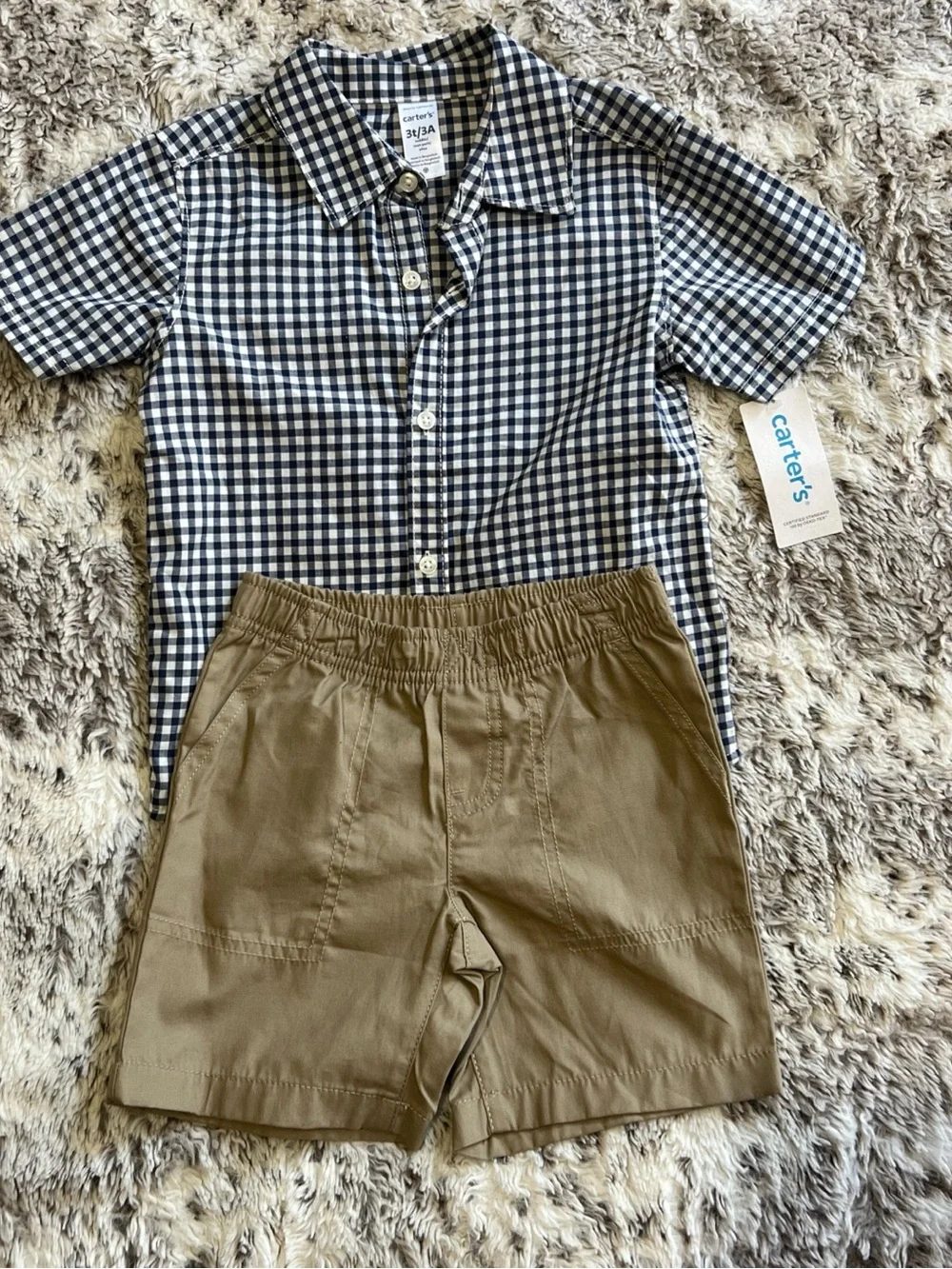 Carters toddler boys 2 piece gingham button down shirt & khaki shorts set 3T NWT